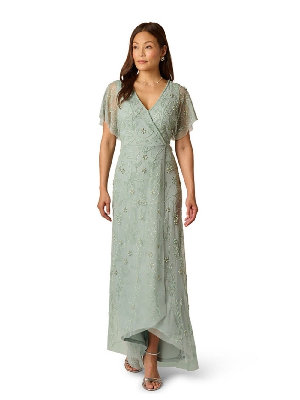 Adrianna Papell Surplice V-Neck Bead Dress Embroidered High-Low Gown Size 12
